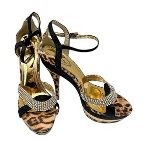 NEW Y2K Italina Leopard Print Rhinestone Platform Stiletto Heels Vintage 8.5